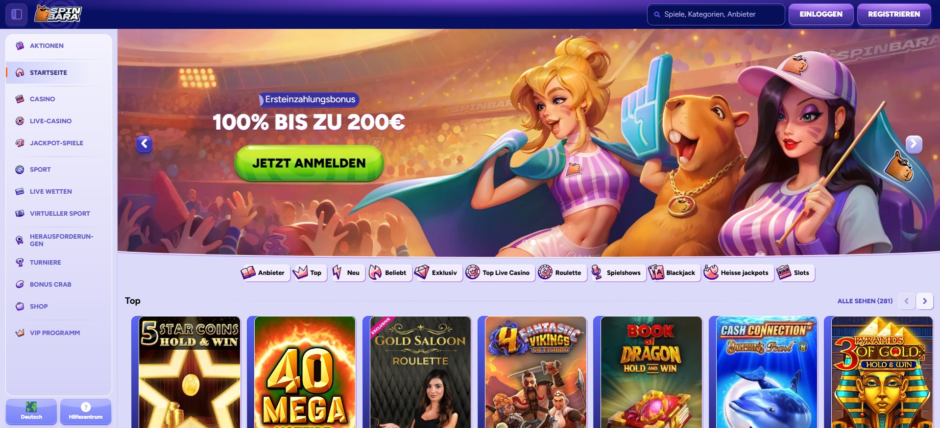 Online Casino Startseite mit Willkommensbonus und vielfältigen Spielkategorien wie Live-Casino, Spielautomaten und Jackpots.